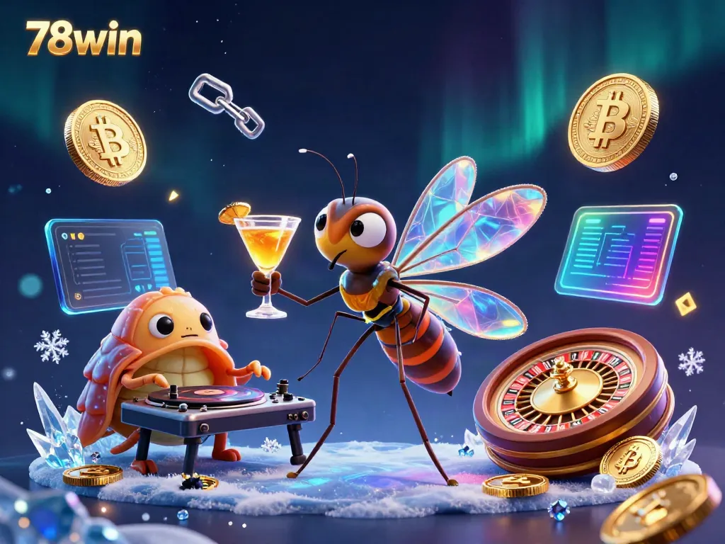 Engage with the vibrant world of 78win, showcasing a whimsical casino scene with dynamic characters and glowing crypto elements.