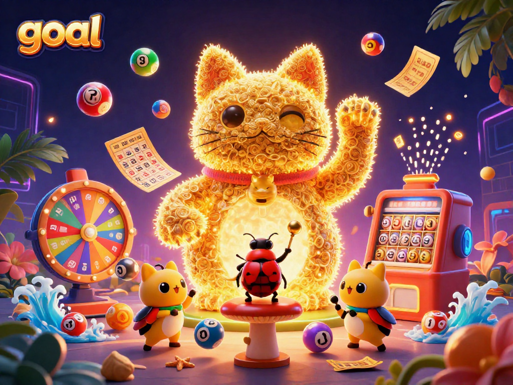 Engage in the thrilling action of goal with golden fireflies forming a lucky cat amidst vibrant casino elements.