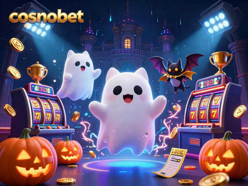 Experience the thrill of cosmobet with a ghost cat and vampire bat in a haunted casino setting.