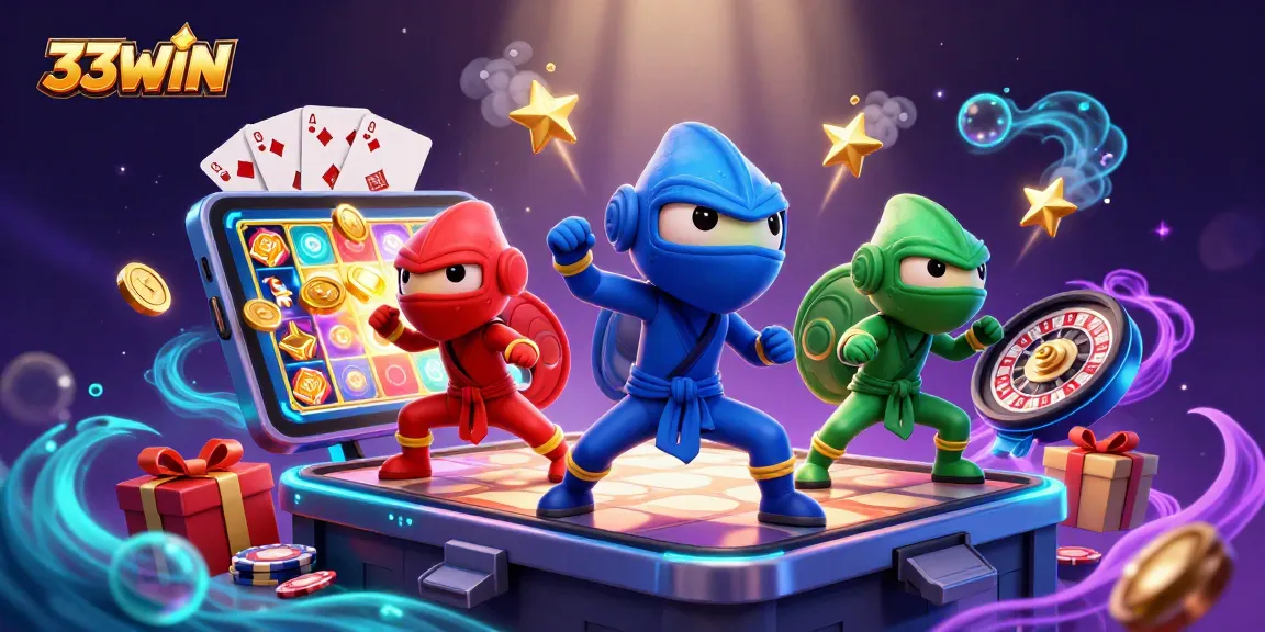 33WIN chameleon team in vibrant colors performs martial arts on a rooftop amidst a colorful slot game environment.