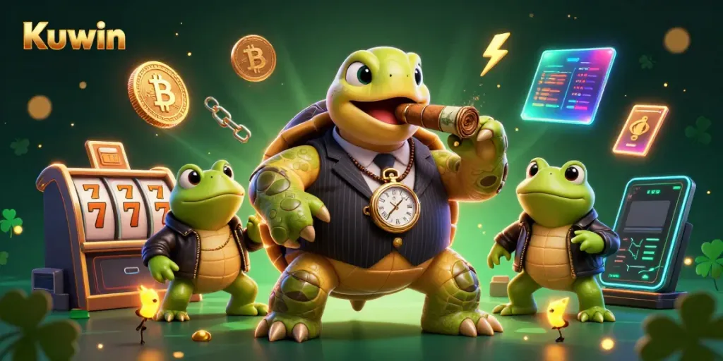 Kuwin's vibrant 3D illustration features a snapping turtle and bullfrogs amid casino elements, showcasing dynamic gaming excitement.