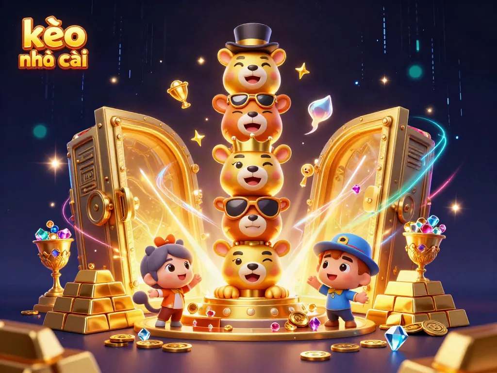 Experience the colorful world of kèo nhà cái with 3D totem pole characters amid sparkling treasures.