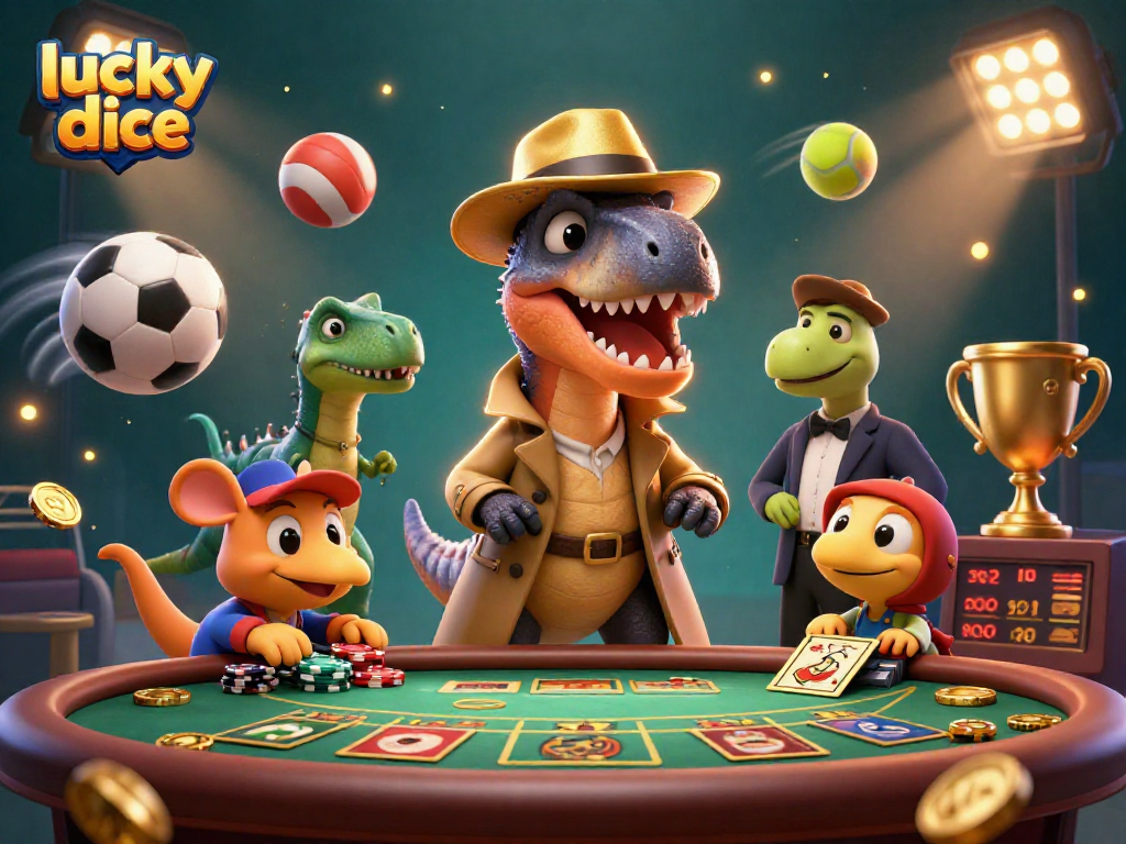 Join the excitement of lucky dice as a velociraptor and friends engage in thrilling casino action.