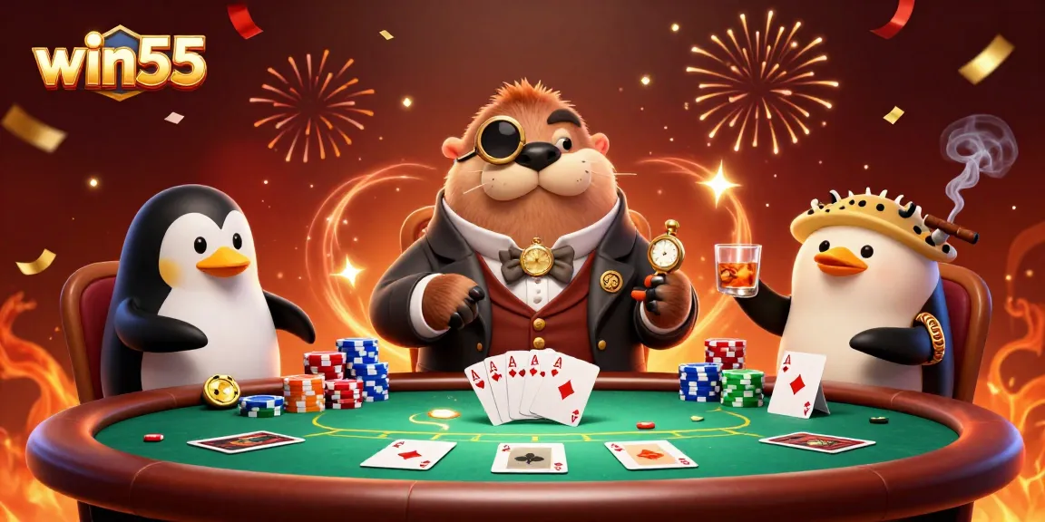 Engage in the thrilling casino experience of win55 with a walrus, penguin dealer, and pufferfish player.