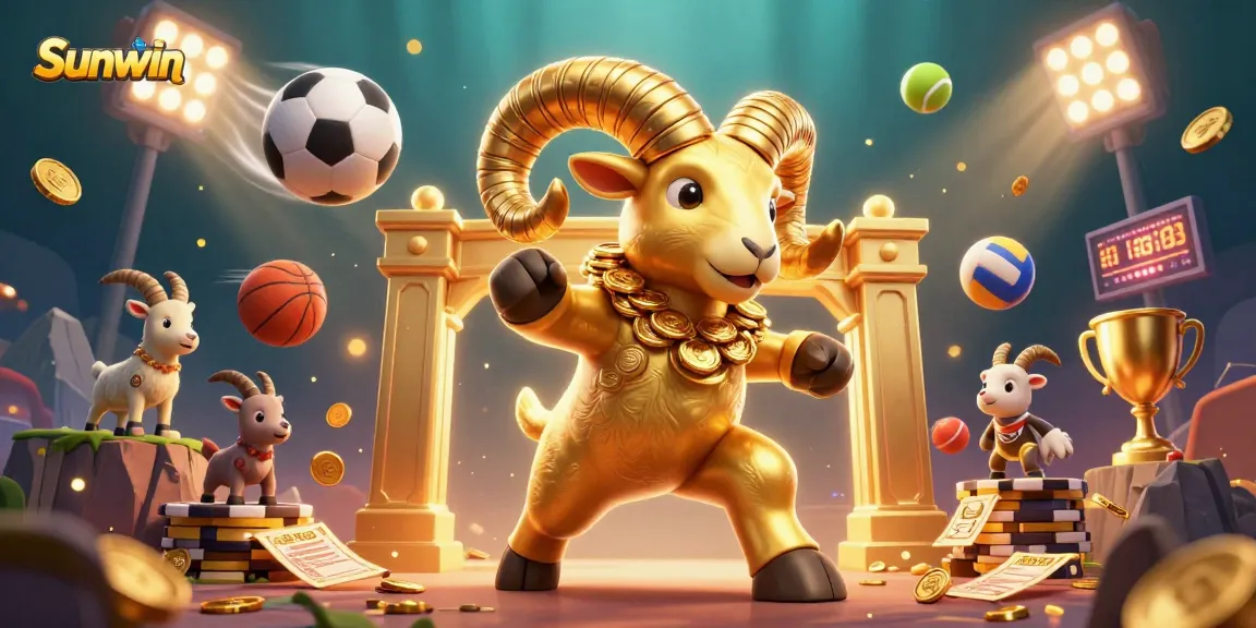 Play thrilling games at Sunwin, featuring a charging golden ram amidst coins and dynamic sports elements.