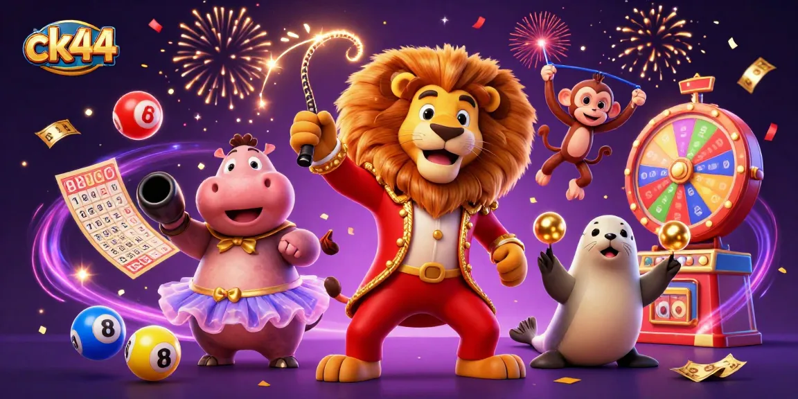 Engage in thrilling games at ck44, surrounded by colorful casino elements and energetic characters.