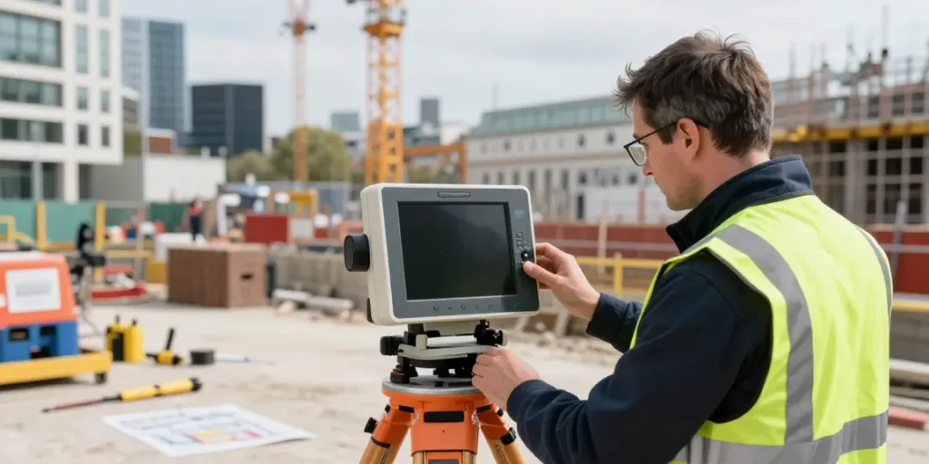 Utility Survey London with a professional using ground-penetrating radar on a busy urban construction site.