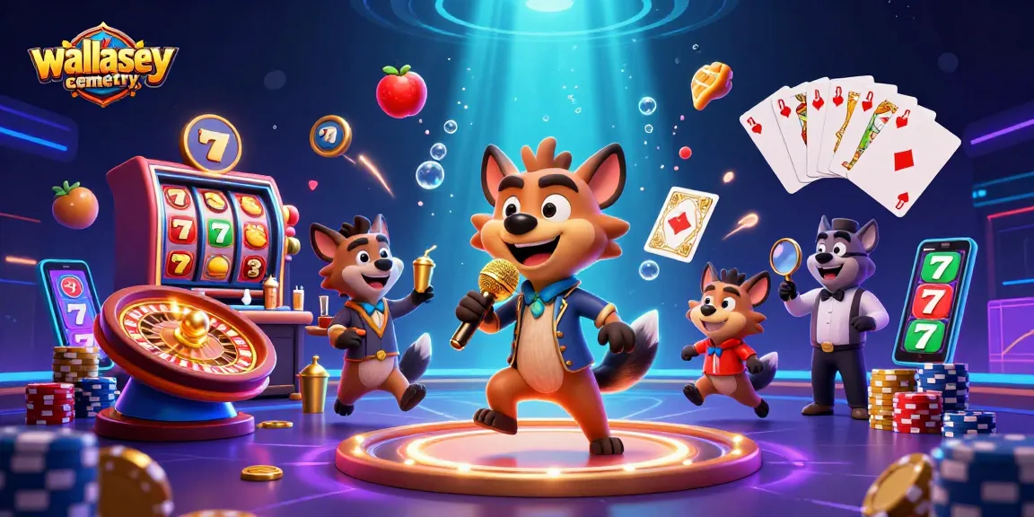 Hyenas entertain in a vibrant casino scene at wallaseycemetery, featuring lively games and glowing effects.