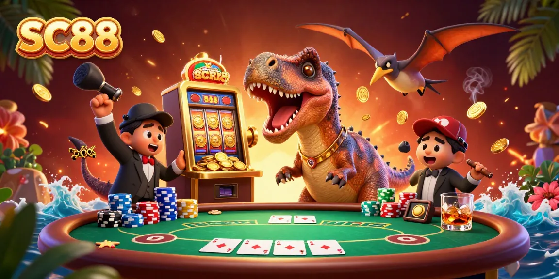 SC88 casino scene showing a dinosaur, slot machine, and poker elements in action.