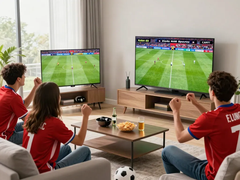 Xoilactv viewers enjoying a live soccer match with snacks in a cozy living room.
