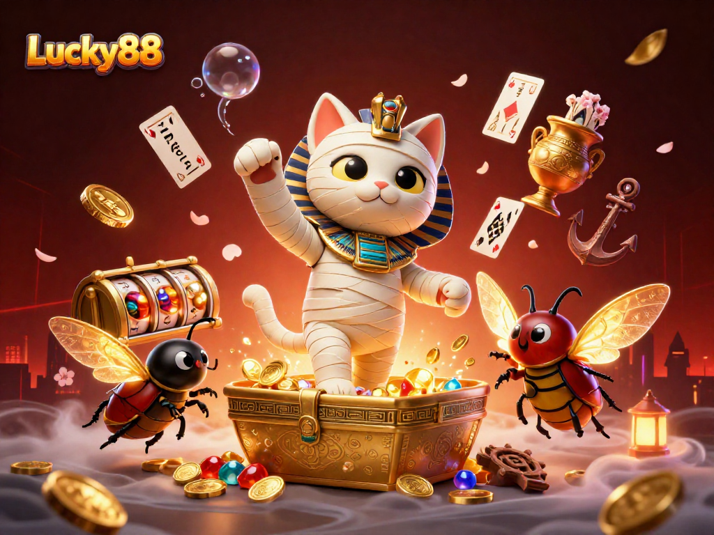 Experience Lucky88's vibrant gaming world with a dynamic Egyptian casino scene full of treasures and adventure.