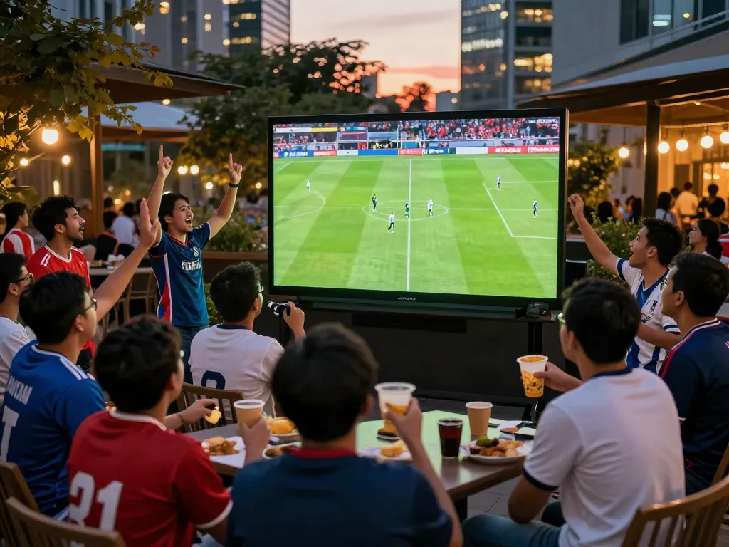 Excited fans watching Thapcamtv football match at a vibrant outdoor event.