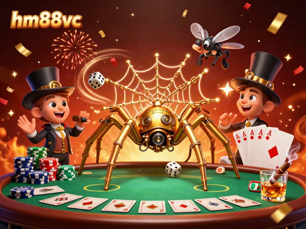 Engage with the thrilling world of hm88vc, featuring a golden steampunk spider amid poker elements and confetti.