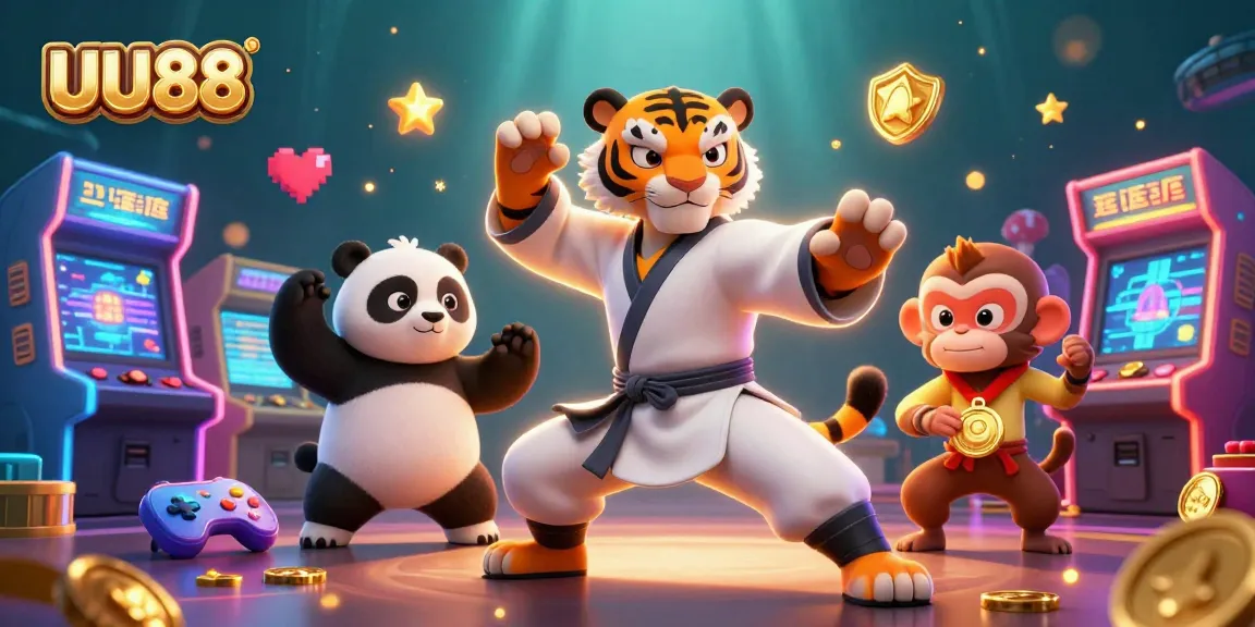 Experience the excitement of UU88 with a kung fu tiger and playful elements in a vibrant digital casino scene.
