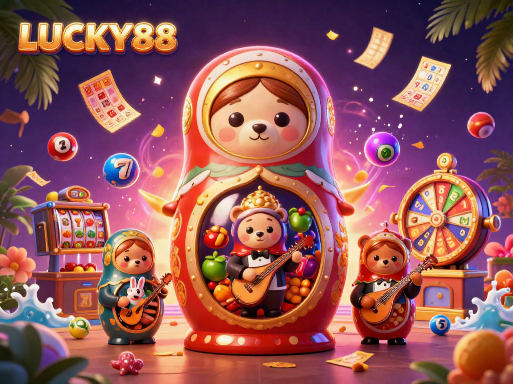 Engage in the exciting LUCKY88 slot experience with dynamic 3D bears and colorful casino elements.