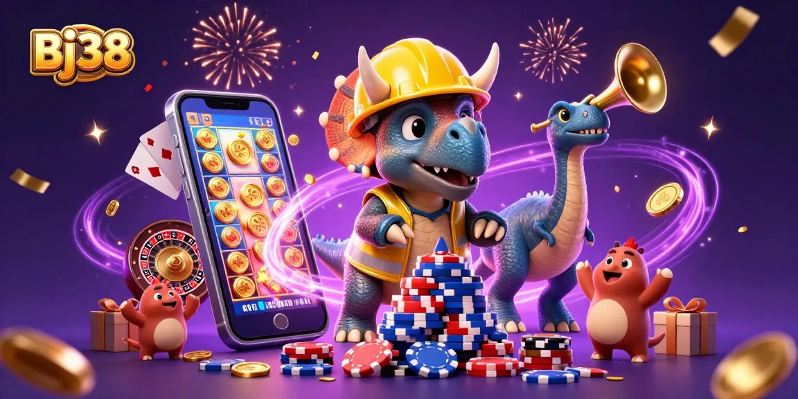 Bj38 captures excitement as triceratops builds poker chip tower amidst casino fun.