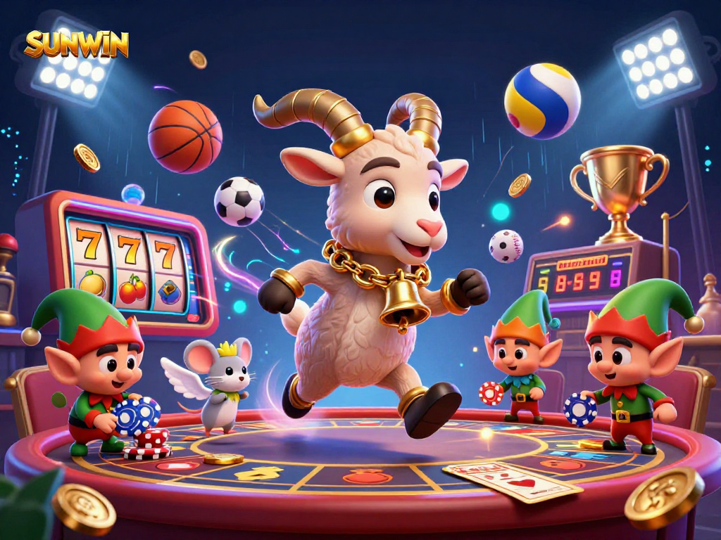 SUNWIN casino excitement with a Krampus goat, angel mouse, and elf gremlins in a festive gaming scene