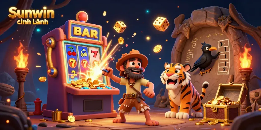 Experience thrilling gambling action with Sunwin chính hãng at a prehistoric casino featuring unique characters and elements.