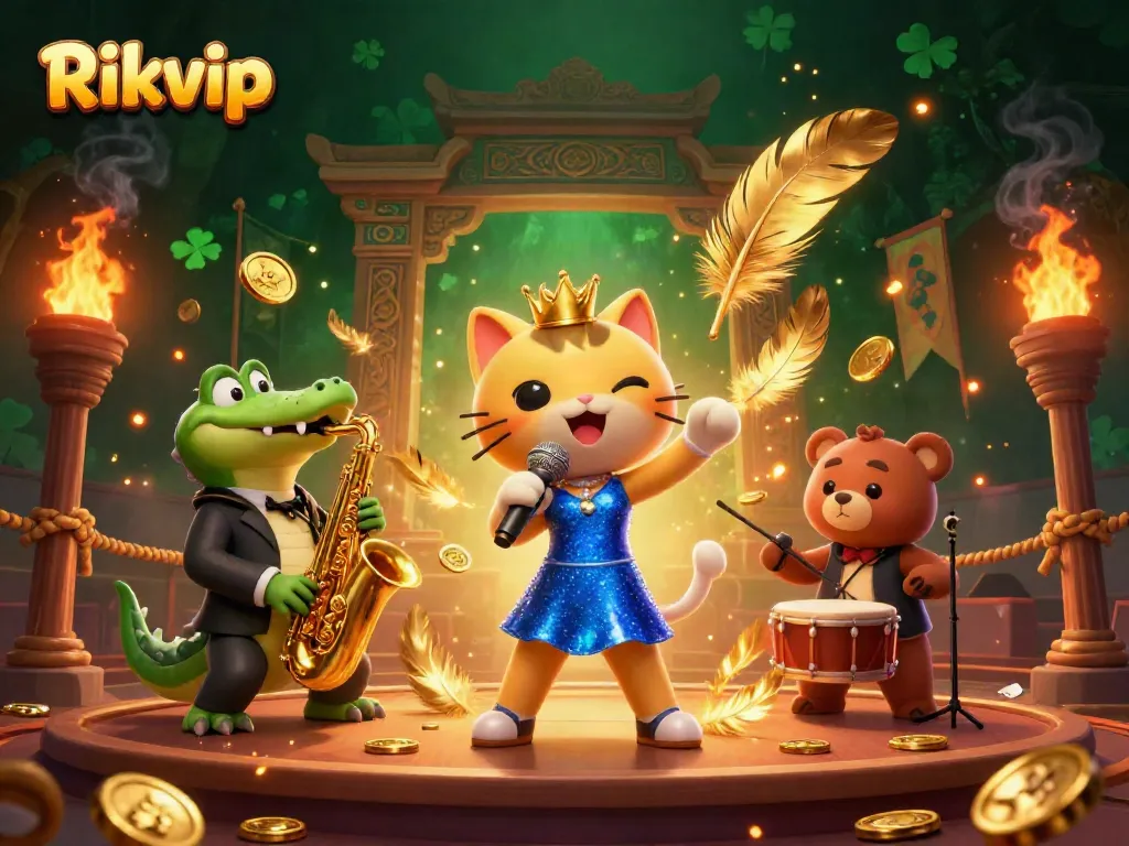 Experience thrilling gameplay at Rikvip with vibrant casino characters performing on stage.