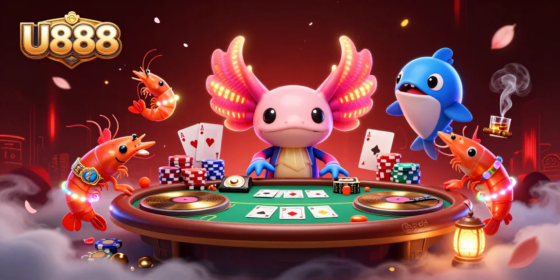 Engage with U888's vivid casino experience featuring a 3D neon axolotl DJ and dynamic poker scene.