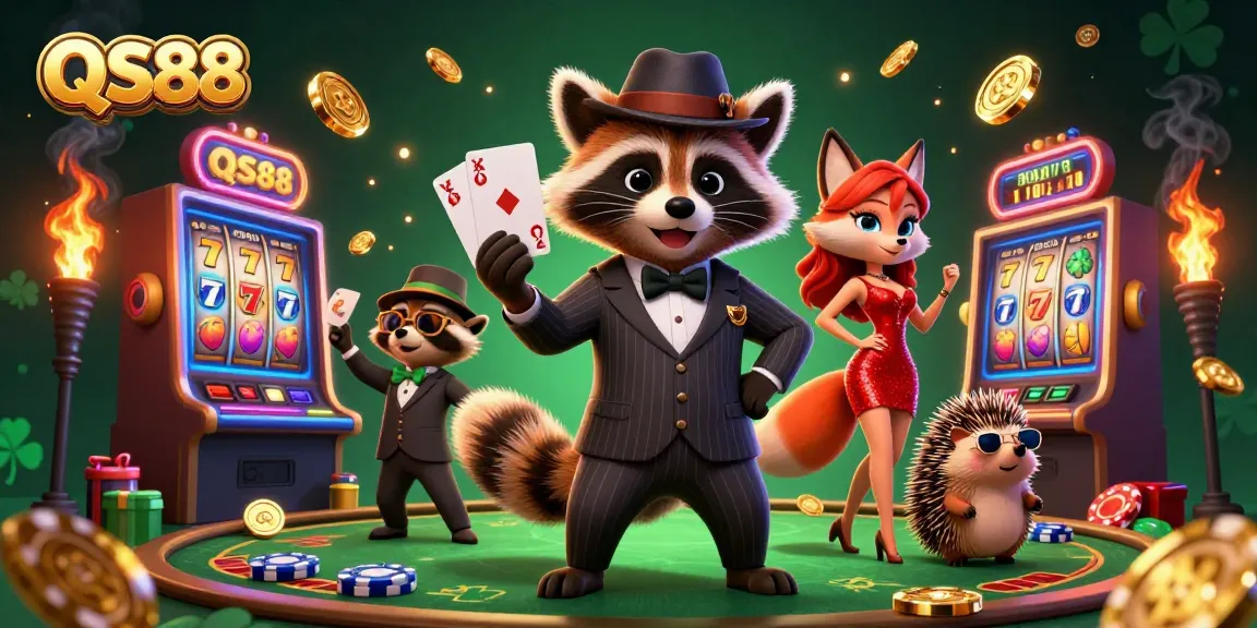 Experience thrilling gameplay at QS88 with a suave raccoon and a charming fox in a vibrant casino scene.