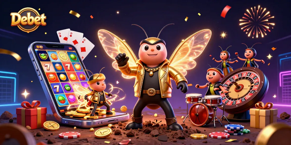 Experience Debet's vibrant slot game action with a cartoon cicada rock star, beetle drummer, and playful elements.