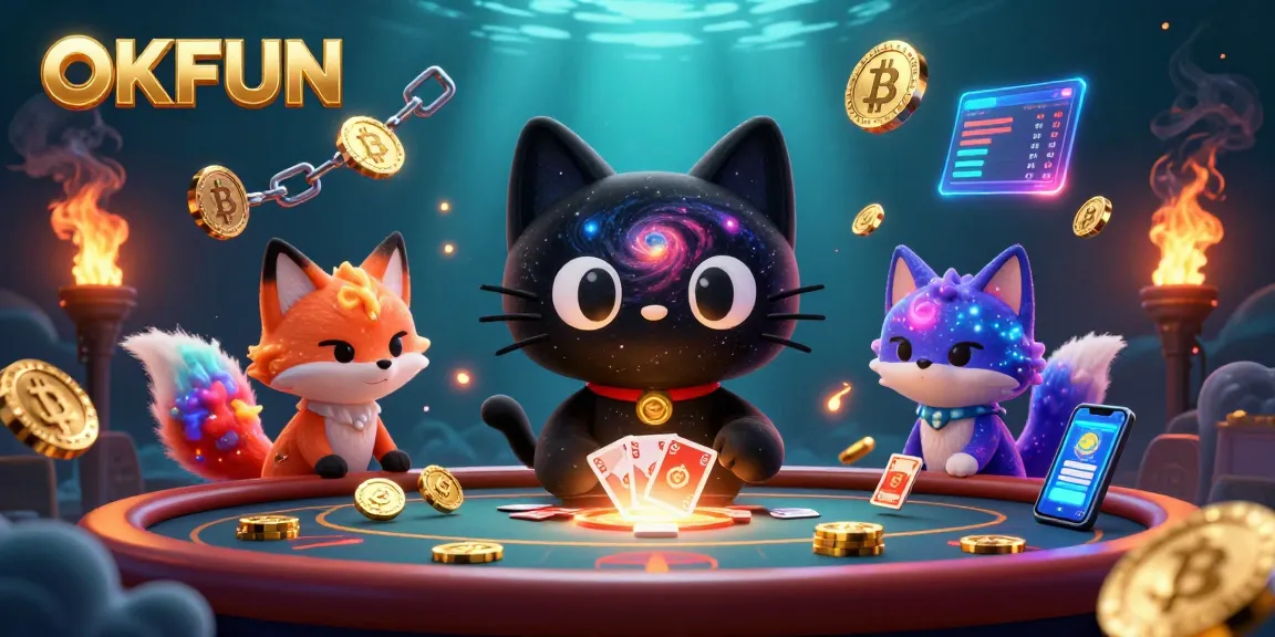 Experience thrilling gameplay with OKFUN as the black hole cat draws in golden casino elements in a captivating cosmic scene.