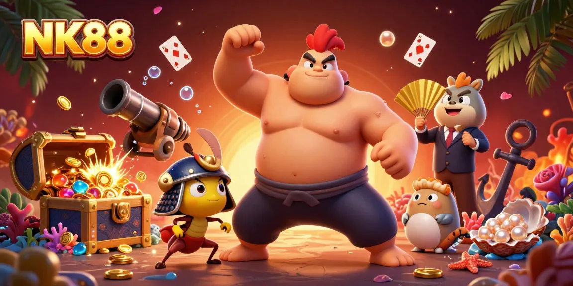 Experience the thrill with NK88's vibrant gaming scene showcasing energetic characters and dynamic casino features.