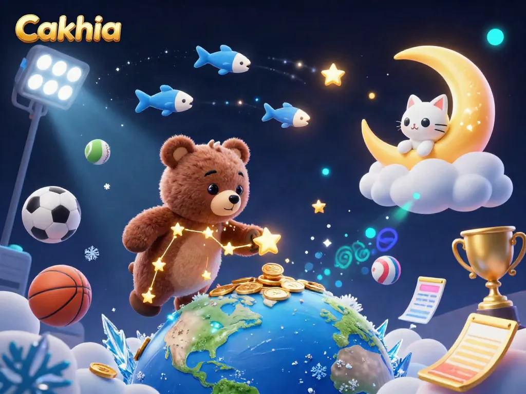 Cakhia's golden constellation bear celebrates sports victories surrounded by dynamic sports elements and trophies.