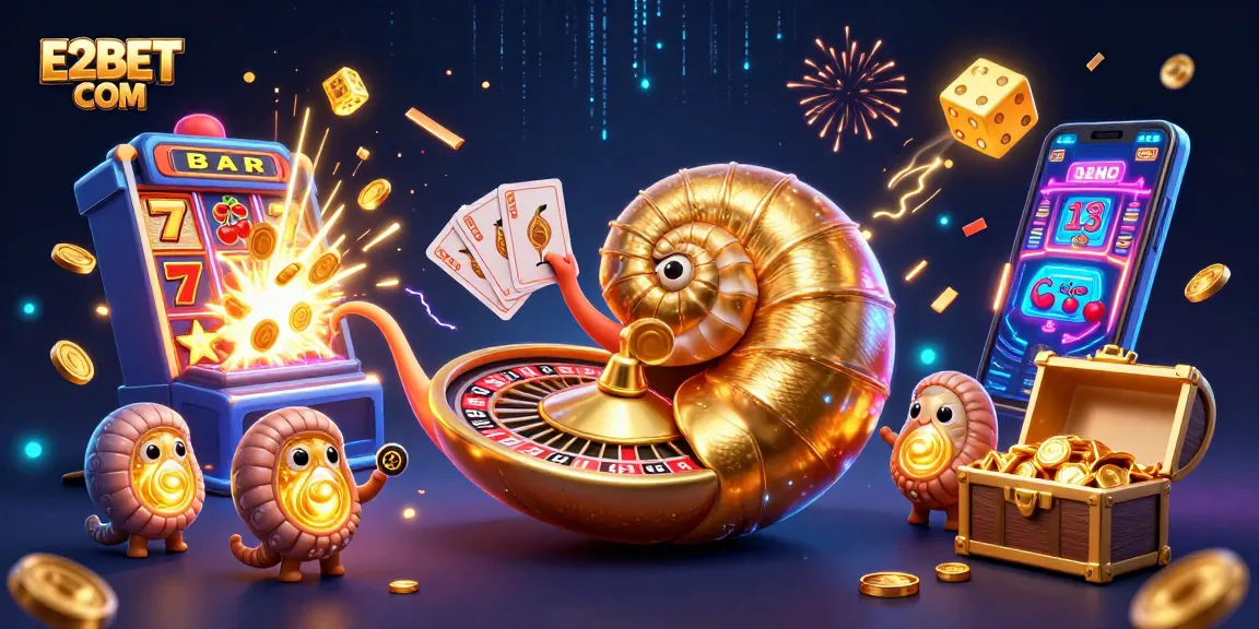 Experience thrilling gaming at E2BET COM with a vibrant 3D casino illustration bursting with action.