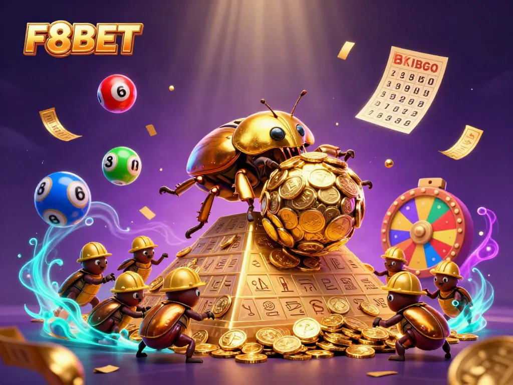 Experience the excitement of F8BET with a whimsical illustration of a golden dung beetle and casino elements.
