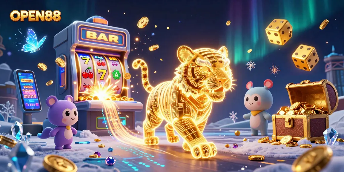 Enjoy thrilling games at OPEN88, featuring a golden tiger in a vibrant digital casino.