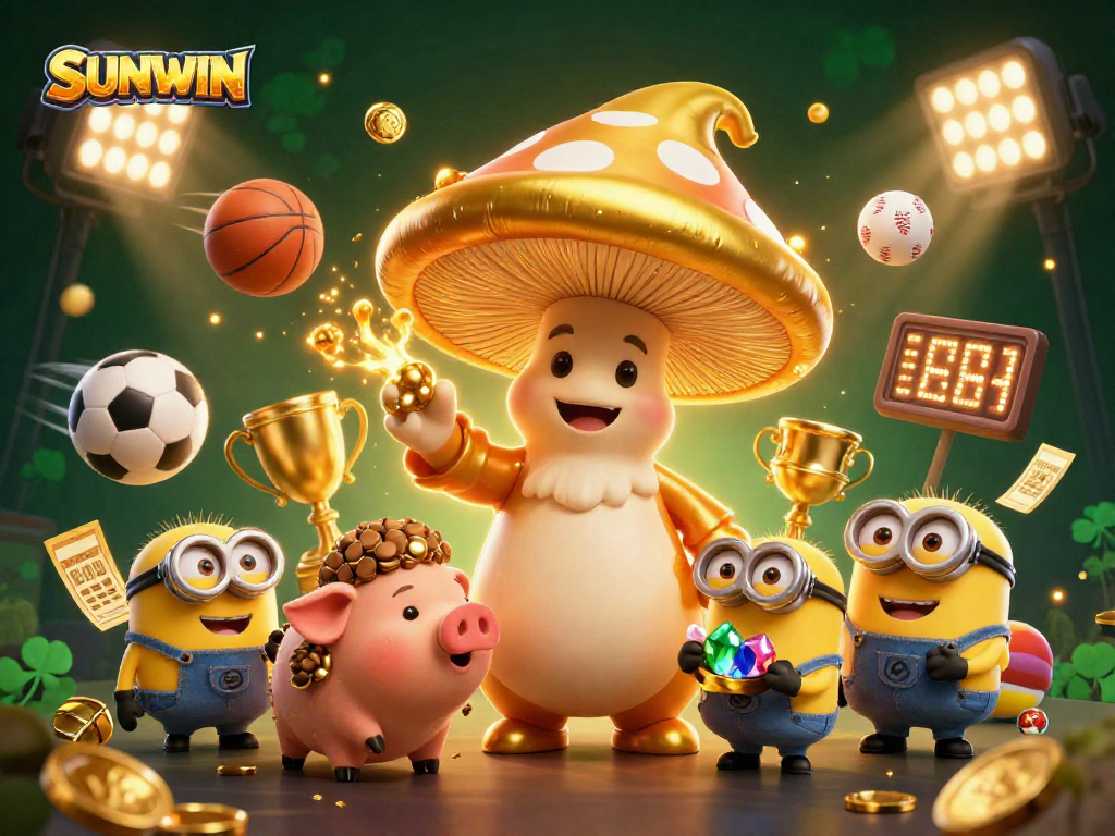 SUNWIN captures excitement in a vibrant casino scene with a golden wizard and treasure-filled atmosphere.