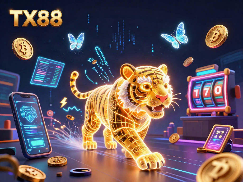 Engage in thrilling TX88 casino action with neon visuals and 3D digital elements.