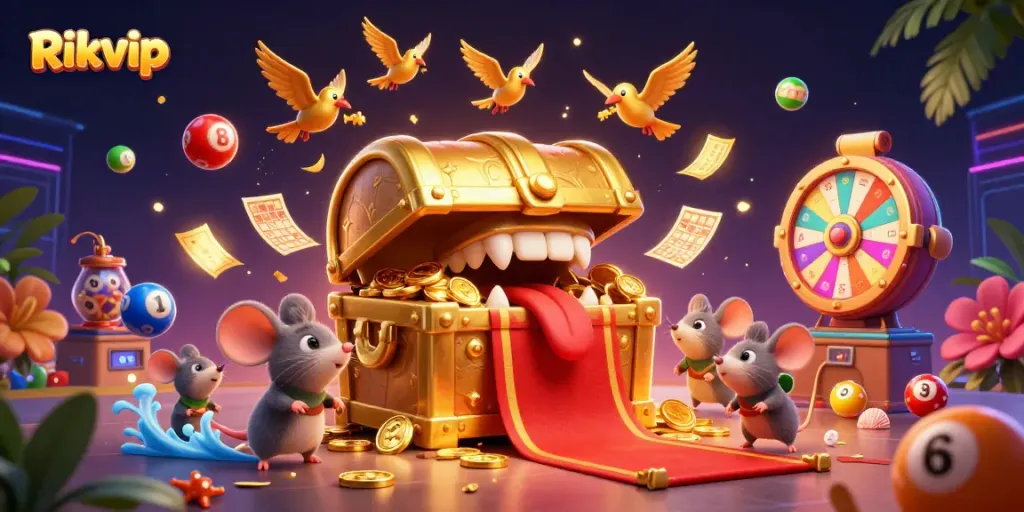 Experience thrilling gameplay at Rikvip with a vibrant treasure chest illustration, luring adventurers.