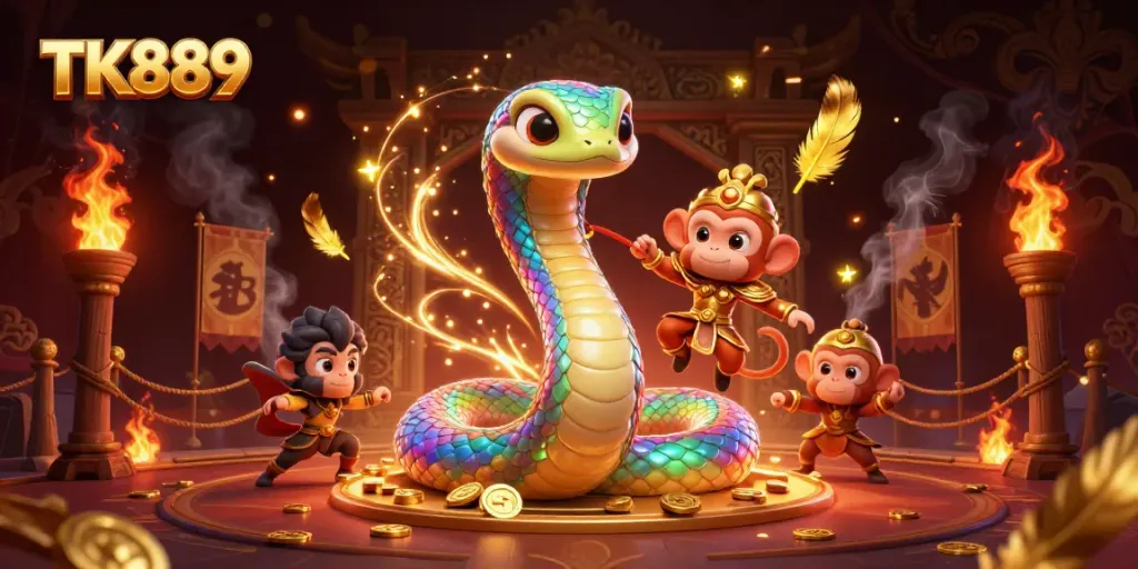Experience magical gaming with TK889 featuring a rainbow serpent, a monkey king, and vibrant casino elements.