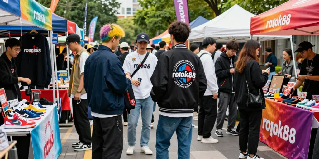 Youth engaging with rokok88 merchandise in a vibrant urban market.