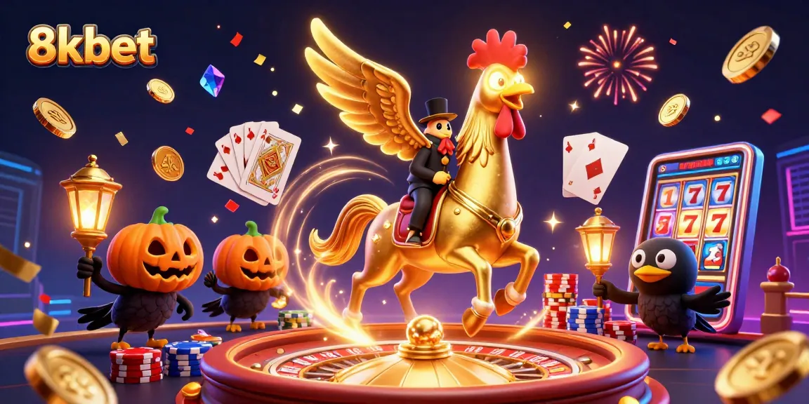 Experience thrilling wins at 8kbet with golden rooster and lively casino elements in vibrant 3D
