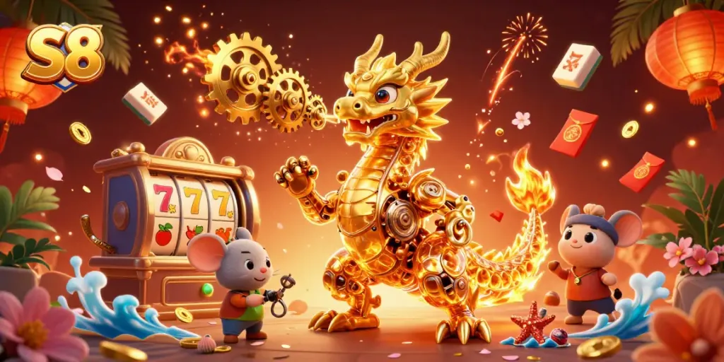 S8 casino scene with a golden dragon and slot machine elements creates winning excitement
