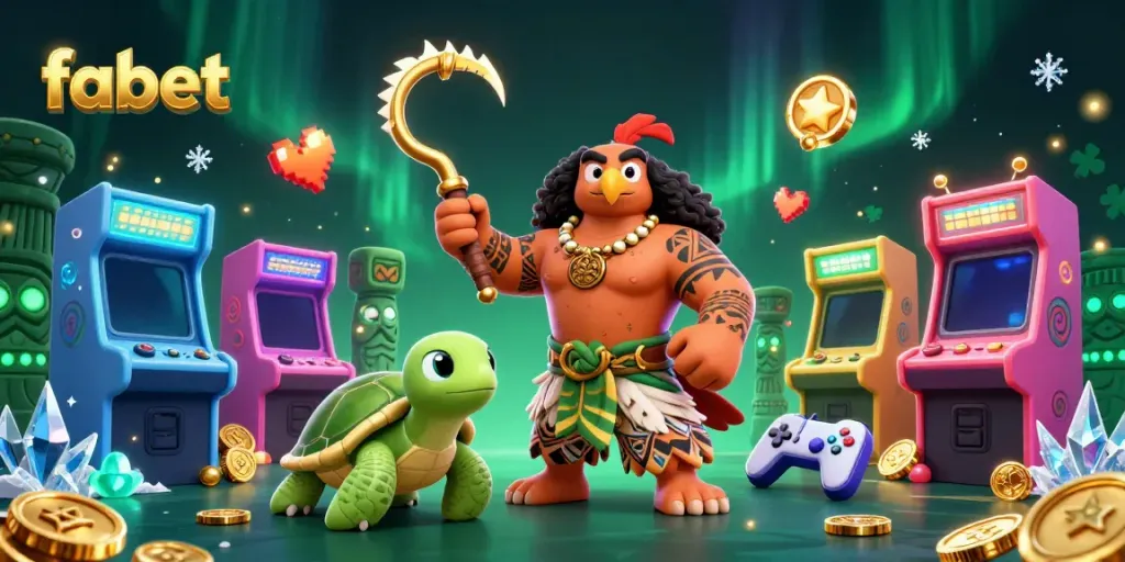 Engage in thrilling gameplay with fabet's vibrant casino-themed 3D illustration featuring dynamic characters and arcade elements.