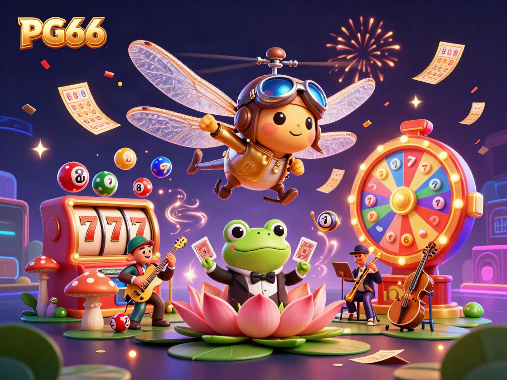 Enjoy an exciting PG66 casino experience with vibrant gambling elements and cartoon characters.