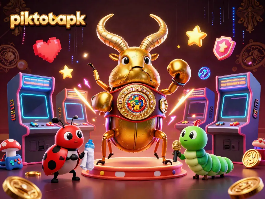 Experience piktotoapk excitement with a dynamic scene featuring a golden stag beetle champion in an arcade casino environment.