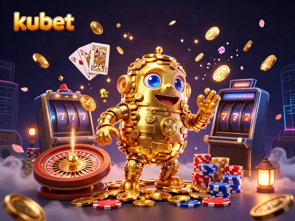 Experience the thrilling atmosphere of kubet with dynamic casino elements and a golden golem.