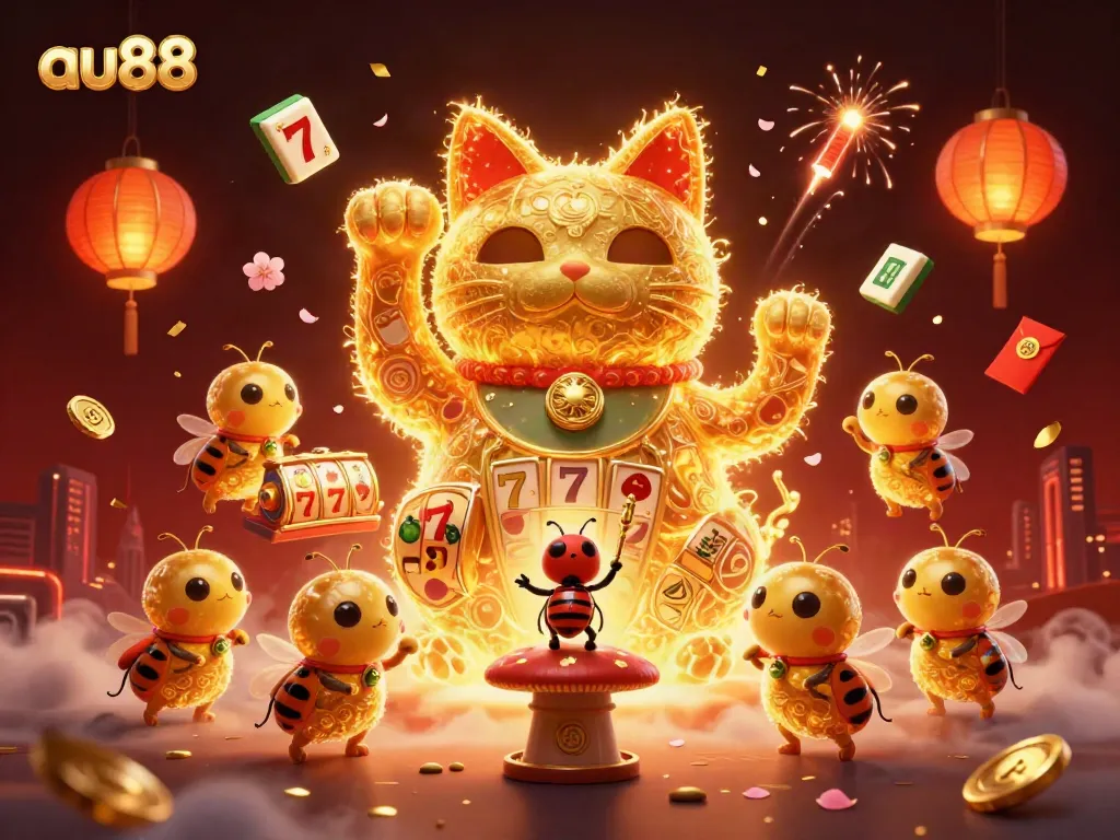 Engage with the magical world of au88 as a lucky cat waves among golden symbols and festive decorations.