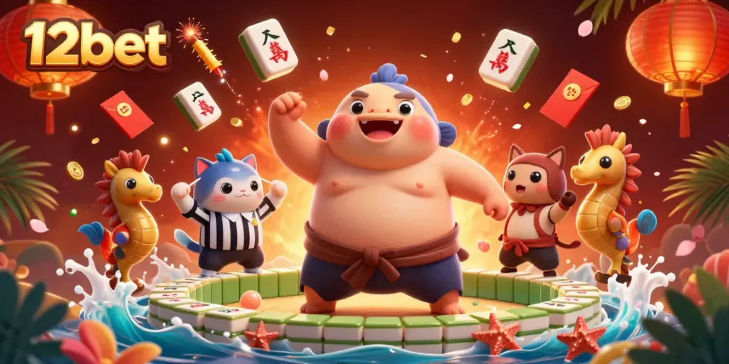 Experience the vibrant underwater action of 12bet with a fugu and referee in a festive gambling scene.