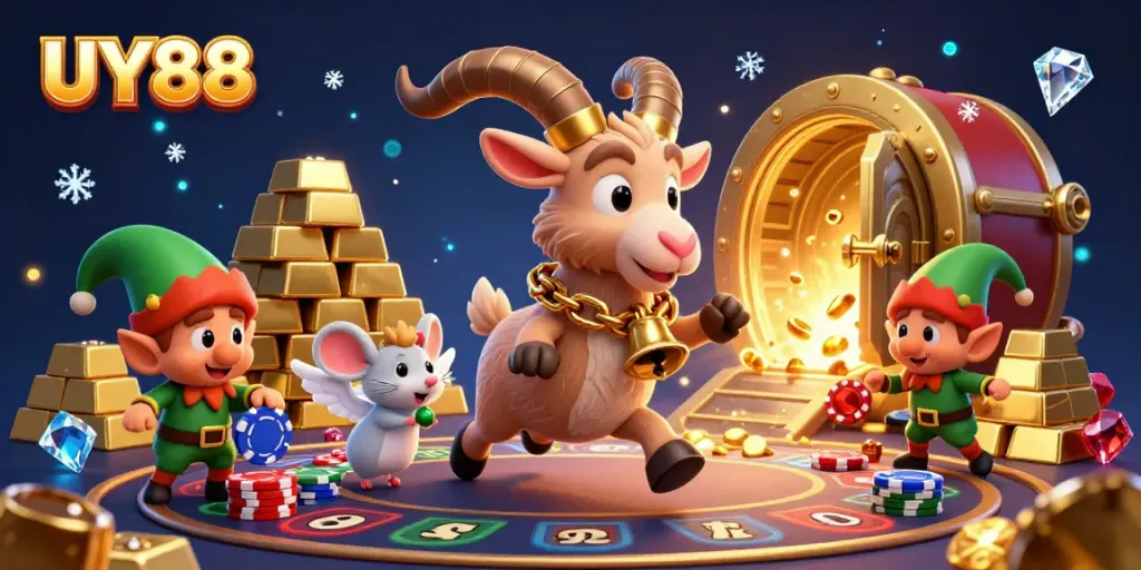 Engage with UY88's festive casino scene featuring a whimsical Krampus goat among glittering treasures.