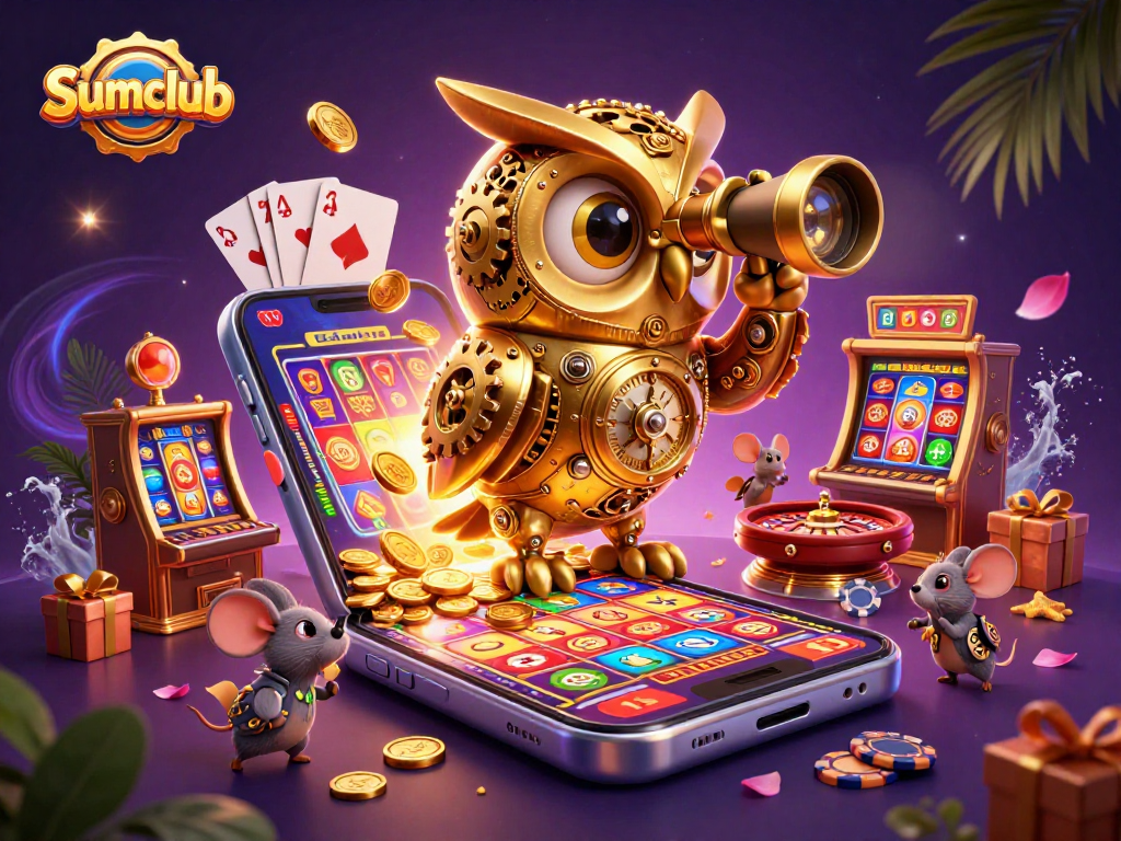 Sumclub features an ultra-detailed 3D casino scene with vibrant slot games and unique characters.