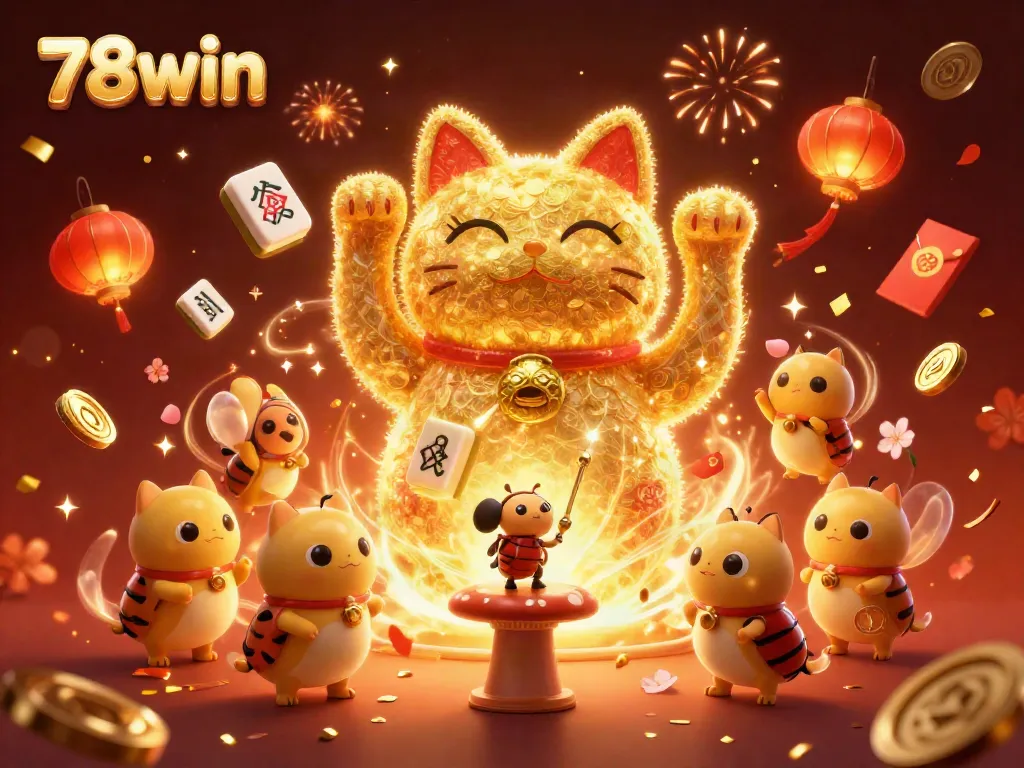 Experience the thrill of 78win games with a dynamic illustration of a lucky cat surrounded by casino symbols and festive elements.