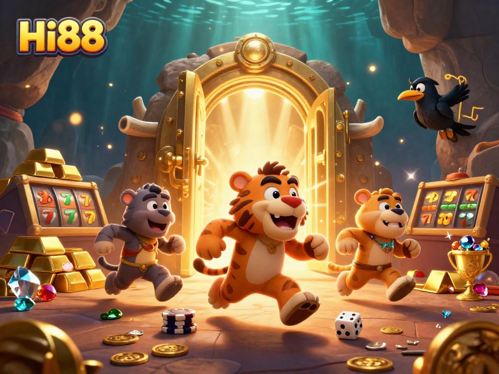 Hi88's prehistoric casino scene with cavemen, treasures, and slot elements to engage players