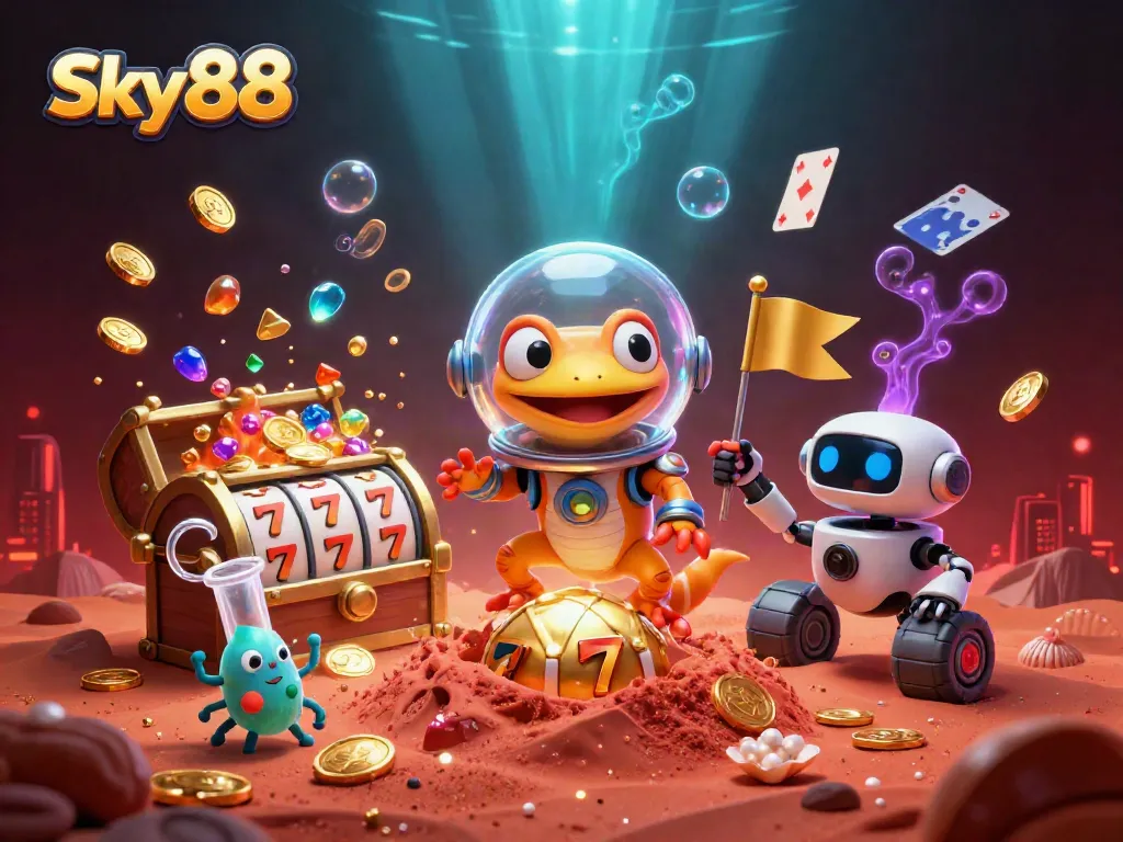 Sky88 Martian gecko discovering a golden casino with vibrant gambling elements and glowing treasures.